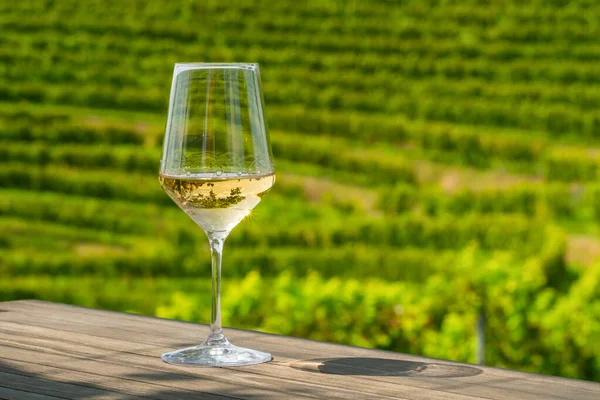 背景に緑のブドウ畑に囲まれた木のテーブルのグラスに白ワインのクローズアップ ワインテイスティング 味付けのコンセプトをイラスト ストックフォト