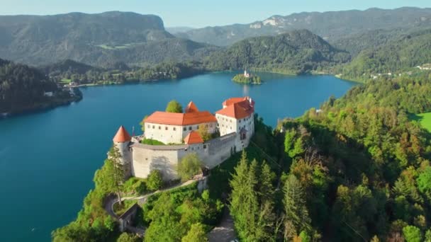 Widok Lotu Ptaka Jezioro Bled Słowenii Piękne Jezioro Bled Otoczony — Wideo stockowe