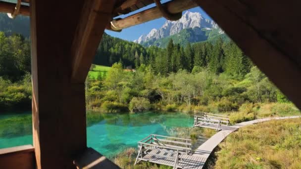 Zelenci Springs Com Alpes Julianos Fundo Durante Verão Eslovênia Revelando — Vídeo de Stock