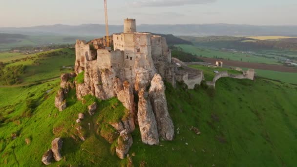 Flygfoto Över Spis Slottet Vid Soluppgången Unesco Världsarv Slovakien Spissky — Stockvideo