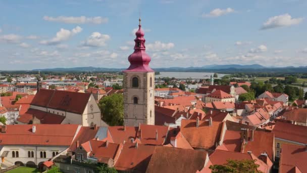 Yazın Ptuj Şehrinin Manzarası Mestni Stolp Kulesi Kilise Slovenya Nın — Stok video