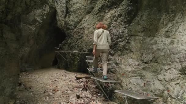 スロバキアのスロバキア国立公園 ハイカーは 金属製の階段と山の川を持つ狭い山の峡谷であるスチャ ゴージを探索しています トップハイキングの1つ — ストック動画