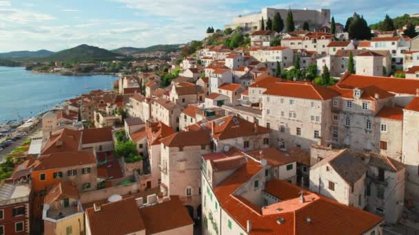 Aerial View Historic Cathedral Saint James Sibenik Old Town Sunset — Stock Video