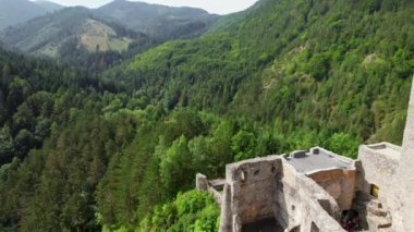 Slovakya 'daki Strecno kalesinin havadan görüntüsü. Slovakya 'nın Zilina kasabası yakınlarındaki Bar nehri üzerindeki yüksek bir uçurumda ortaçağ kalesi. İnsansız hava aracı görüntüleri gösteriyor