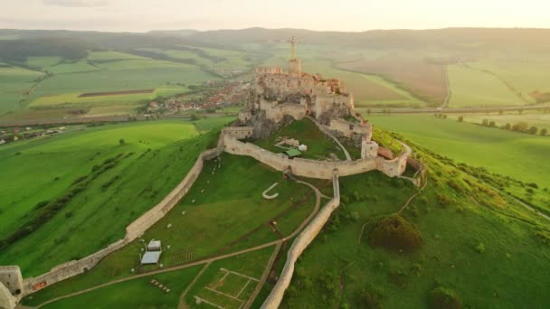 Vista Aérea Del Castillo Spis Amanecer Patrimonio Humanidad Unesco Eslovaquia — Vídeos de Stock