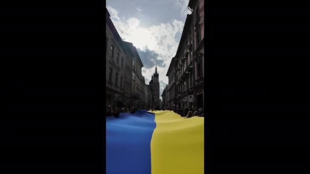 波兰克拉科夫 2024年2月24日 纪念俄罗斯全面入侵乌克兰 俄国对乌克兰两年的战争抗议期间人们举着乌克兰国旗 — 图库视频影像