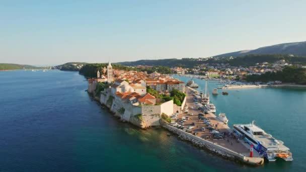 Rab Town Cityscape Croatian Island Rab Sunrise Bell Tower Cathedral — Stock Video