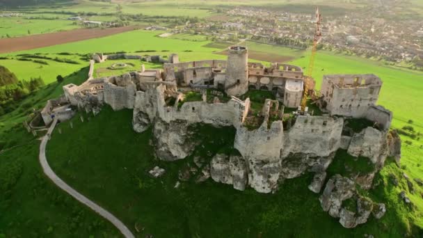 Aerial View Spis Castle Sunrise Unesco World Heritage Site Slovakia — Stock Video
