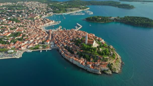 Flygfoto Över Rovinj Gamla Stan Berömda Gamla Kroatiska Staden Vid — Stockvideo