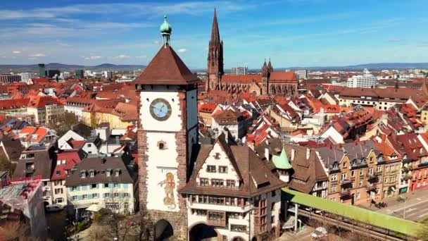 Veduta Aerea Della Città Friburgo Breisgau Germania Maestosa Cattedrale Gotica — Video Stock