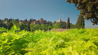Granada, Endülüs, İspanya 'daki Carmen de la Victoria bahçesinden tarihi Alhambra sarayının güzel manzarası. Eski Arap kalesi Alhambra. Yavaş çekim, sabit kamera görüntülerini ortaya çıkarıyor