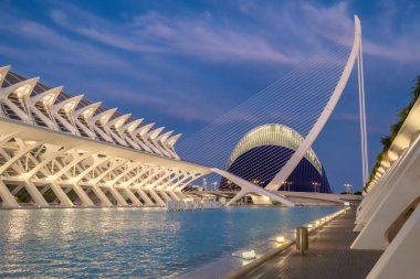 Valencia, İspanya - 8 Nisan 2024: Valencia Sanat ve Bilim Şehri. El Pont asma köprüsü manzarası, okyanus manzarası ve geceleri havuzdan bilim müzesi.