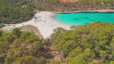 İspanya 'nın Balear Adaları, Mallorca' daki turkuaz deniz suyuyla Cala Mondrago sahilinin hava manzarası. Akdeniz kıyısında beyaz kumlu güzel bir sahil. Mallorca seyahat yeri
