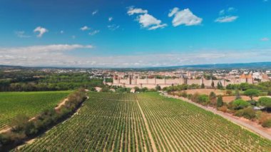 Ortaçağ şehri Carcassonne 'un havadan görünüşü ve güney Fransa' daki kale. Fransız üzüm bağları ve ikonik ortaçağ kuleleri ile tarihi kale.