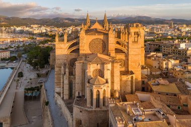 Gün doğumunda Santa Maria Katedrali, Palma de Mallorca, Mallorca, Balear Adaları, İspanya. Majorca adasındaki Columbarios La Seu 'nun hava manzarası.