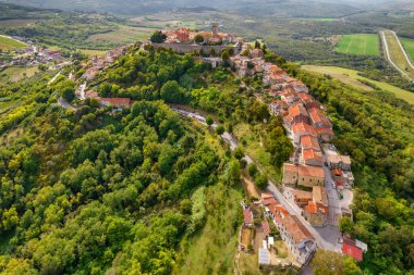 Aerial view of the picturesque historic town of Motovun, Istria region, Croatia. Medieval Motovun village on the hill. clipart