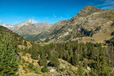 Benasque Vadisi 'ndeki Aigualluts uçaklarının güzel manzarası Posets Maladeta Ulusal Parkı, Pyrenees Dağları, Aragon, İspanya