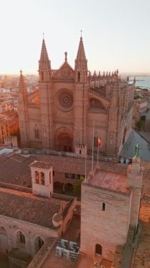 Santa Maria Katedrali, Palma de Mallorca, Mallorca, Balear Adaları, İspanya. Güneş doğarken Majorca 'daki Columbarios La Seu' nun hava manzarası.. 