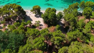 Playa de Formentor 'un Mallorca' daki Cala Pi de la Posada körfezindeki hava manzarası. Cap Formentor, Mayorka, Balear Adaları, İspanya 'da turkuaz sularda yüzen insanların olduğu çarpıcı bir sahil..