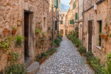 İspanya 'nın Valdemossa, Mallorca, Balearic Adaları' nda çiçek saksılarıyla süslenmiş resim gibi dar bir sokak.
