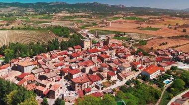 İspanya, La Rioja 'daki Sajazarra ortaçağ köyünün havadan görünüşü. Köyün manzaralı kırsal manzaraları ve üzüm bağlarıyla çevrili manzarası..
