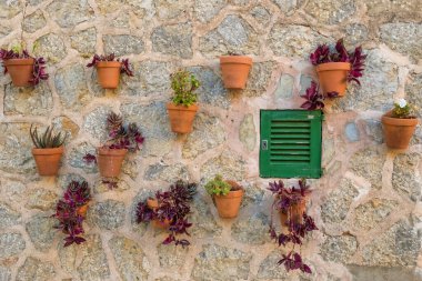 İspanya 'nın Balearic Adaları' ndaki tarihi Valdemossa, Mallorca kasabasındaki bir sokakta saksılarla süslenmiş eski taş duvar.
