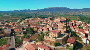 La Rioja, İspanya 'daki ortaçağ tepe kasabası Briones' un havadan görünüşü. İspanya 'nın La Rioja kentindeki Briones köyünün tarihi binaları