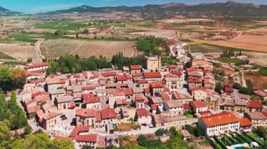 İspanya, La Rioja 'daki Sajazarra ortaçağ köyünün havadan görünüşü. Köyün manzaralı kırsal manzaraları ve üzüm bağlarıyla çevrili manzarası..