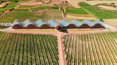 Laguardia, Bask ülkesi İspanya yakınlarındaki ünlü Bodegas Ysios 'un hava manzarası. Alava, Bask Bölgesi 'nde Ysios şaraphanesi. İspanya, La Guardia 'daki modern şarap imalathanesi Ysios' un manzarası