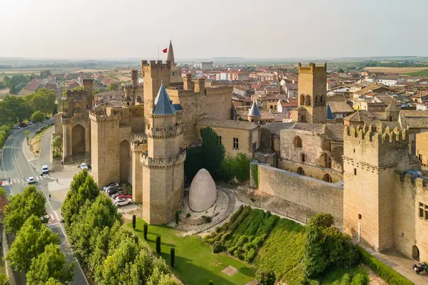 Kuzey İspanya, Navarre eyaletindeki Olite Kraliyet Sarayı 'nın hava manzarası. Ortaçağ tahkim edilmiş Navarre Kralları kalesi olan Olite şehrinin manzarası.