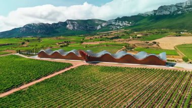 Laguardia, Bask ülkesi İspanya yakınlarındaki ünlü Bodegas Ysios 'un hava manzarası. Alava, Bask Bölgesi 'nde Ysios şaraphanesi. İspanya, La Guardia 'daki modern şarap imalathanesi Ysios' un manzarası