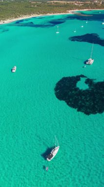 İspanya 'nın Balear Adaları, Mallorca' daki çarpıcı Akdeniz kıyılarının hava manzarası. Mallorca adasının turkuaz sularında huzur içinde demirlemiş yelkenliler..