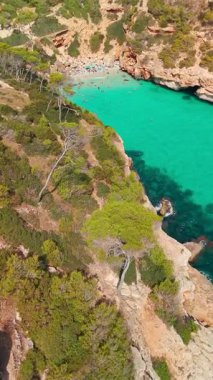 İspanya, Balearic Adaları, Mallorca 'daki Calo des Moro körfezinin havadan görüntüsü. Turkuaz su limanı ve beyaz kumsal sahili ile Akdeniz kıyılarını sersemletiyor. Mallorca seyahat noktaları