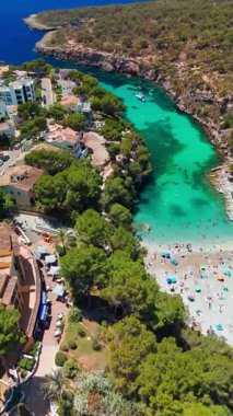 İspanya, Balear Adaları, Mallorca 'daki Cala Pi Körfezi' nin havadan görünüşü. Turkuaz su limanı ve beyaz kumsal sahili ile Akdeniz kıyılarını sersemletiyor. Mallorca seyahat noktaları