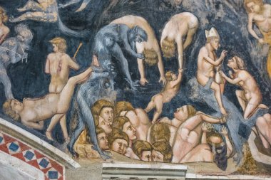 Padua, İtalya - 8 Ekim 2024: İtalya 'nın Padua kentindeki Scrovegni Şapeli veya Cappella degli Scrovegni' nin muhteşem tarihi freskleri. Kilise, Giotto 'nun 1305 yılından kalma ünlü bir fresk döngüsüne sahiptir.