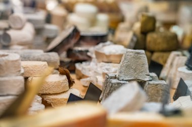 Halles de Biarritz pazarında geniş çaplı peynir seçimi. Peynir çeşitleriyle dolu market tezgahları.