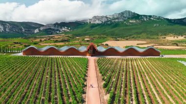 Laguardia, Bask ülkesi İspanya yakınlarındaki ünlü Bodegas Ysios 'un hava manzarası. Alava, Bask Bölgesi 'nde Ysios şaraphanesi. İspanya, La Guardia 'daki modern şarap imalathanesi Ysios' un manzarası