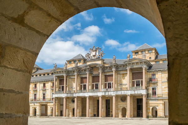 Inner yard of Universidad Laboral de Gijon, Asturias, northern Spain. Monumental former Technical College built in 1948, now a modern cultural center. Slow motion revealing footage.