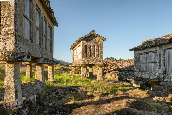 Günbatımında Portekiz, Lindoso 'da geleneksel tahıl ambarları Espigueiros. Bu yapılar, kanastro, canico veya horreo olarak da adlandırılır, yanal çatlaklar yoluyla kuru mısır.