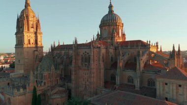 Gündoğumunda Salamanca 'nın tarihi şehir manzarası Castilla y Leon, İspanya. Ortaçağ şehri, Salamanca Katedrali, Torre del Clavero ve tarihi üniversite. UNESCO Dünya Mirası Alanı