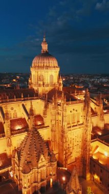 Geceleri Salamanca 'nın tarihi şehir manzarası Castilla y Leon, İspanya. Alacakaranlıkta aydınlatılmış ortaçağ Salamanca Katedrali 
