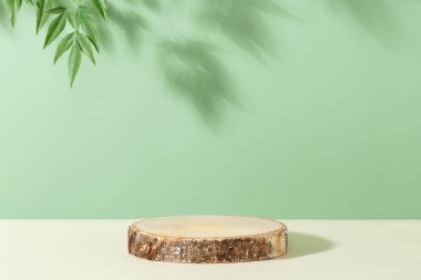 Yeşil arka planda minimal modern ürün görüntüsü. Tahta kürsü ve yeşil yapraklar. Yeni ürün için konsept sahne gösterisi, tanıtım satışı, afiş, sunum, kozmetik