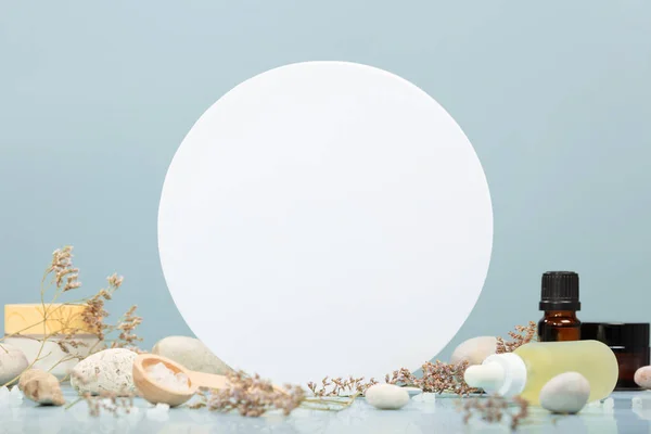 Composition Natural Cosmetics Table Stones Flowers Empty White Circle Podium — Stock Fotó