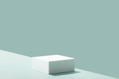 Abstract empty white podium on blue background. Mock up stand for product presentation. 3D Render. Minimal concept. Advertising template