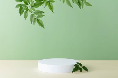 Yeşil arka planda yeşil yaprakları olan soyut boş beyaz podyum. Ürün sunumu için stand-up yapın. Üç boyutlu çizim. Minimum konsept. Reklam şablonu