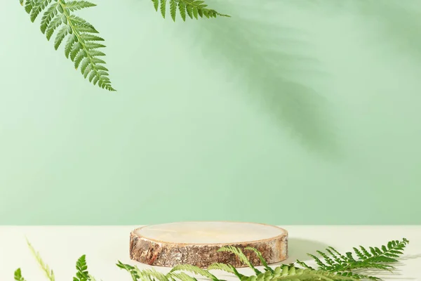 Minimal modern product display on green background. Wood slice podium and green leaves. Concept scene stage showcase for new product, promotion sale, banner, presentation, cosmetic