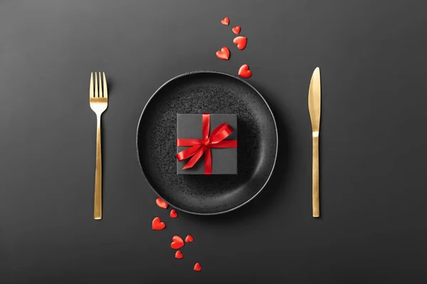 Beautiful Romantic Table Setting Plate Fork Knife Gift Box Dark — Stok fotoğraf