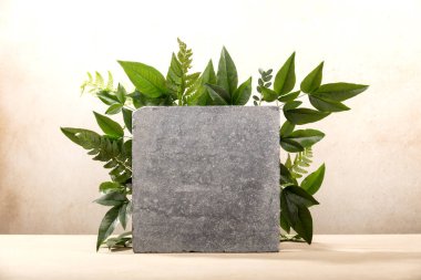 Minimal modern product or logo display, granite stone block and leaves on neutral beige background. Concept scene showcase for new product, promotion sale, banner, presentation, cosmetic, eco friendly