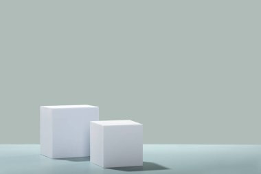 Abstract empty white cubes podiums with eucalyptus leaves and shadows on blue background. Mock up stand for product presentation. 3D Render. Minimal concept. Advertising template, copy space