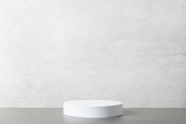 Abstract empty white podium on grey background. Mock up stand for product presentation. 3D Render. Minimal concept. Advertising template